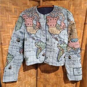 VTG Antique World Map Tapestry Jacket Blazer Needlepoint wearable ART Blazer XL